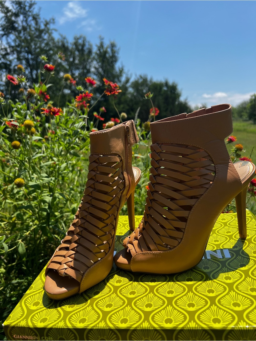 Gianni Bini Tan Woven Peep-Toe Stiletto Booties